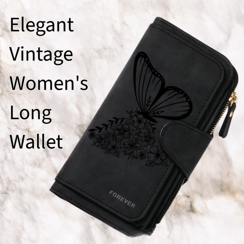 Women's black wallet with a long zipper, floral stamp